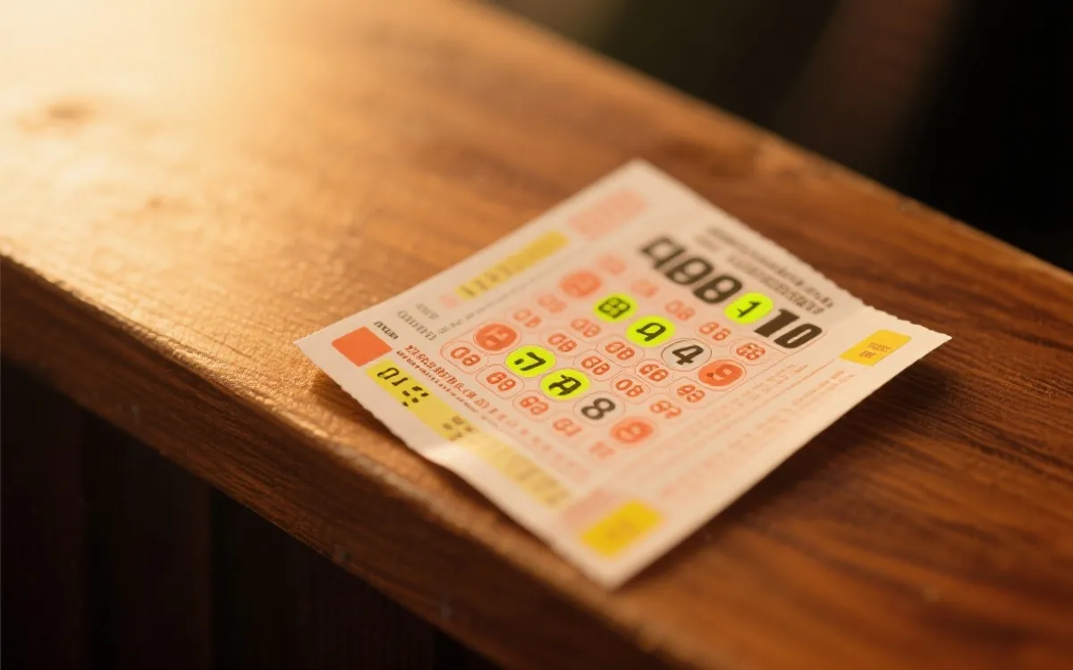 放在木质台面上的彩票特写，关键号码标注清晰，光线柔和
